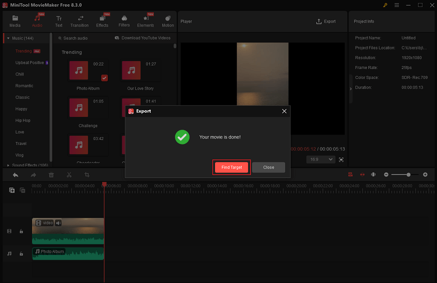 Click the Find Target button in MiniTool MovieMaker to locate the car vlogging video
