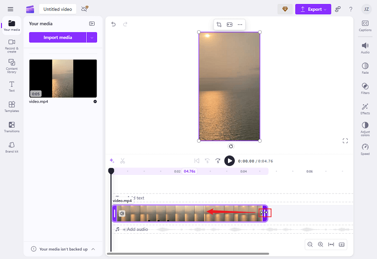 Drag the double-arrow icon leftwards to trim the video in Clipchamp