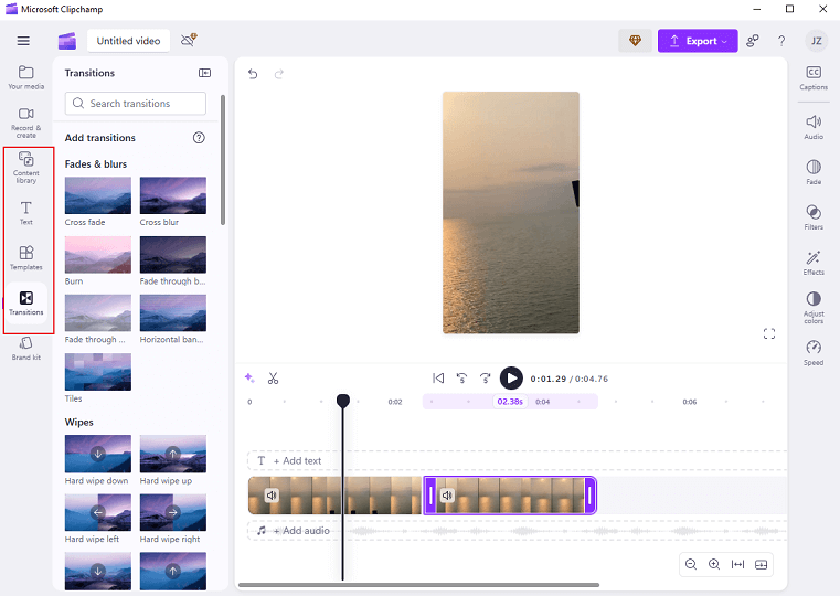 Add transitions, templates, text styles, etc. to the car vlog in Clipchamp