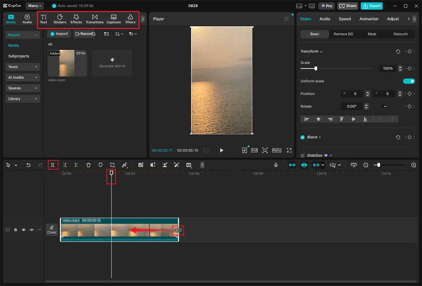 Click the Export icon at the top right to open the Export window, adjust the parameters, and click the Export button in CapCut to save the video