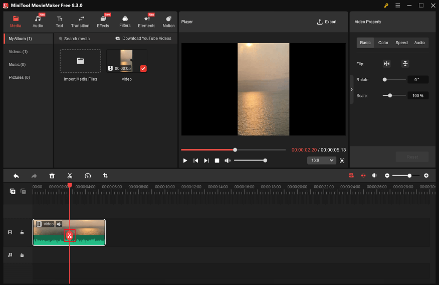 Drag the red playhead to the place you want to split the video and click the Scissors icon to split it in MiniTool MovieMaker