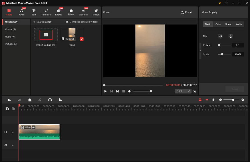 Click the Import Media Files option in MiniTool MovieMaker to import audio from the local folder