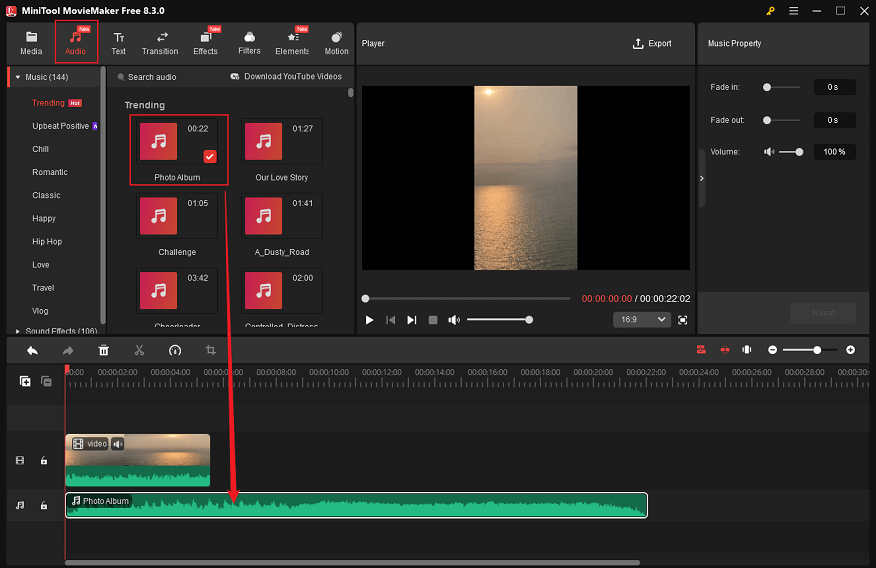 Go to the Audio section, select the audio you want, and drag it to the audio track in MiniTool MovieMaker