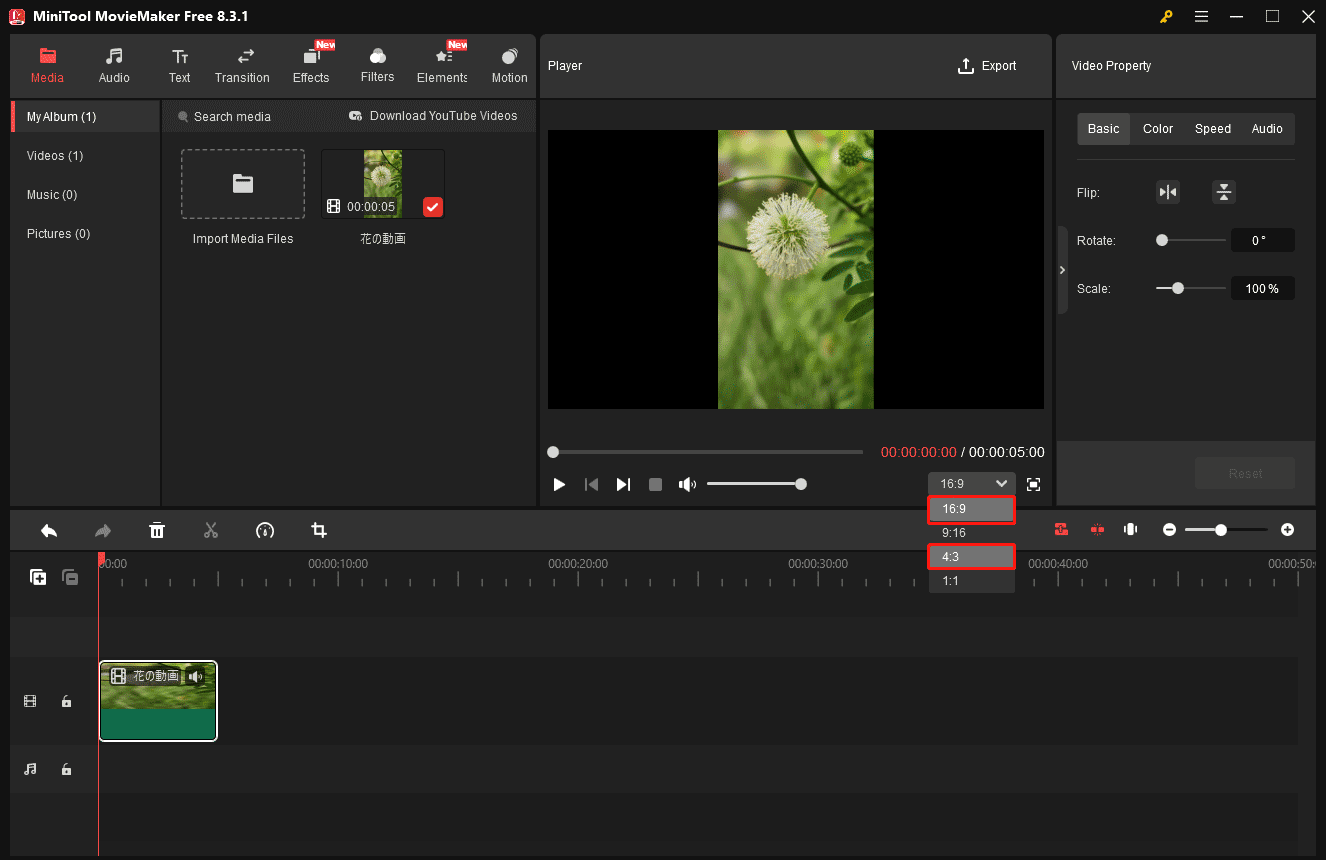 MiniTool MovieMakerで比率のドロップダウンリストを開き、比率を選択