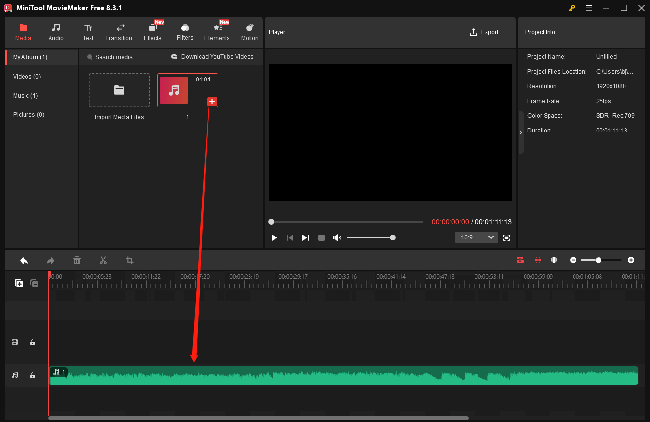 Add the audio file to the timeline in MiniTool MovieMaker