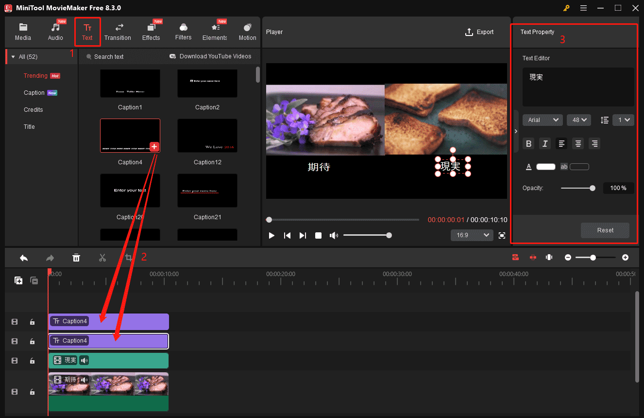 MiniTool MovieMaker上部ツールバーの「Text」タブを使ってミーム動画にテキストを追加