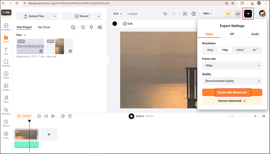 Choose the parameters in FlexClip and export the video