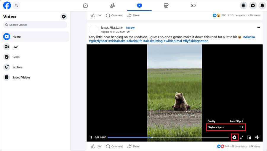 Click the Gear icon on the target video and click Playback Speed in Facebook