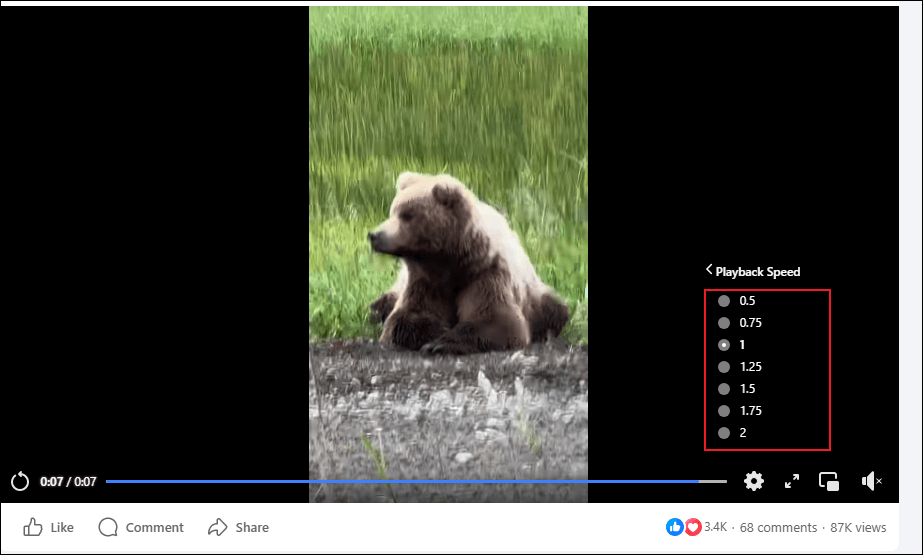 Choose the desired video playback speed in Facebook