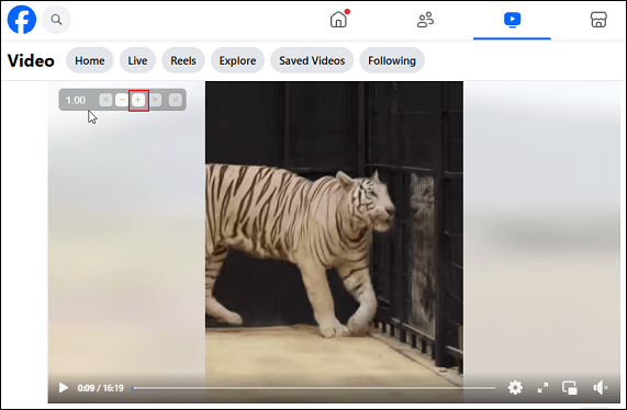Click the + icon on the speed indicator to speed up the Facebook video