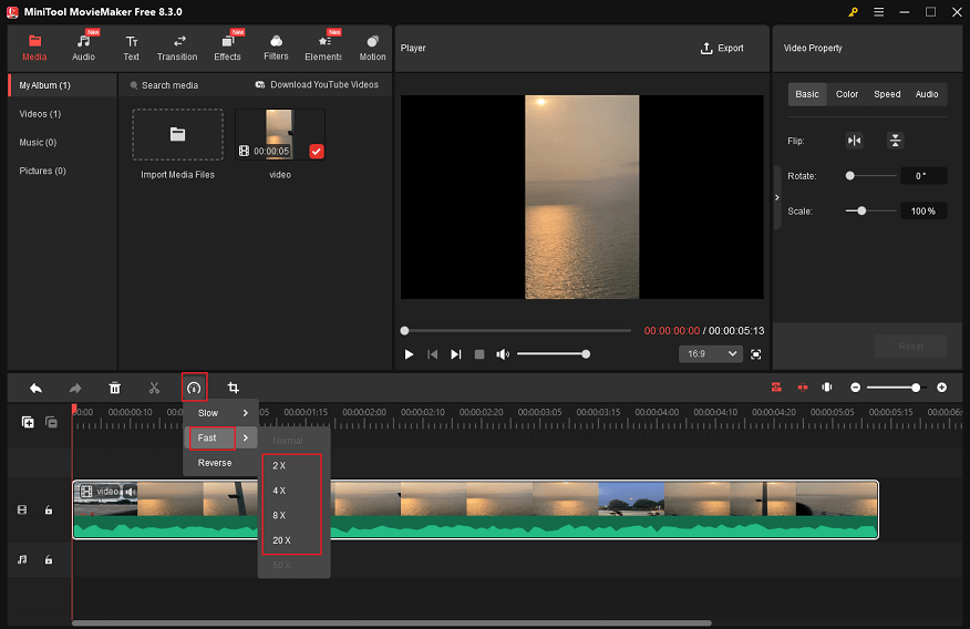 Choose the desired speed for the Facebook video in MiniTool MovieMaker