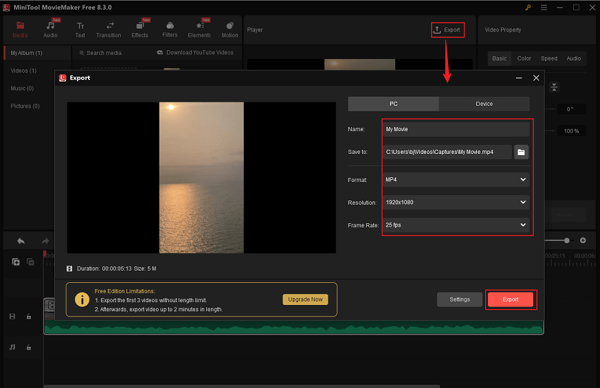 Rename the output video, choose a save path, adjust output parameters, and click Export in MiniTool MovieMaker.