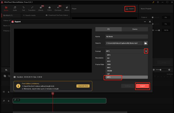 Exportieren Sie die M4R-Audiodatei in MiniTool MovieMaker
