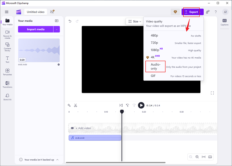 Wählen Sie Nur Audio und exportieren Sie die Datei in Clipchamp