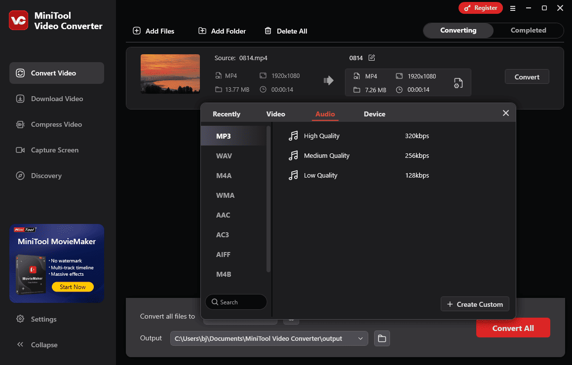 Choose an MP3 profile in MiniTool Video Converter