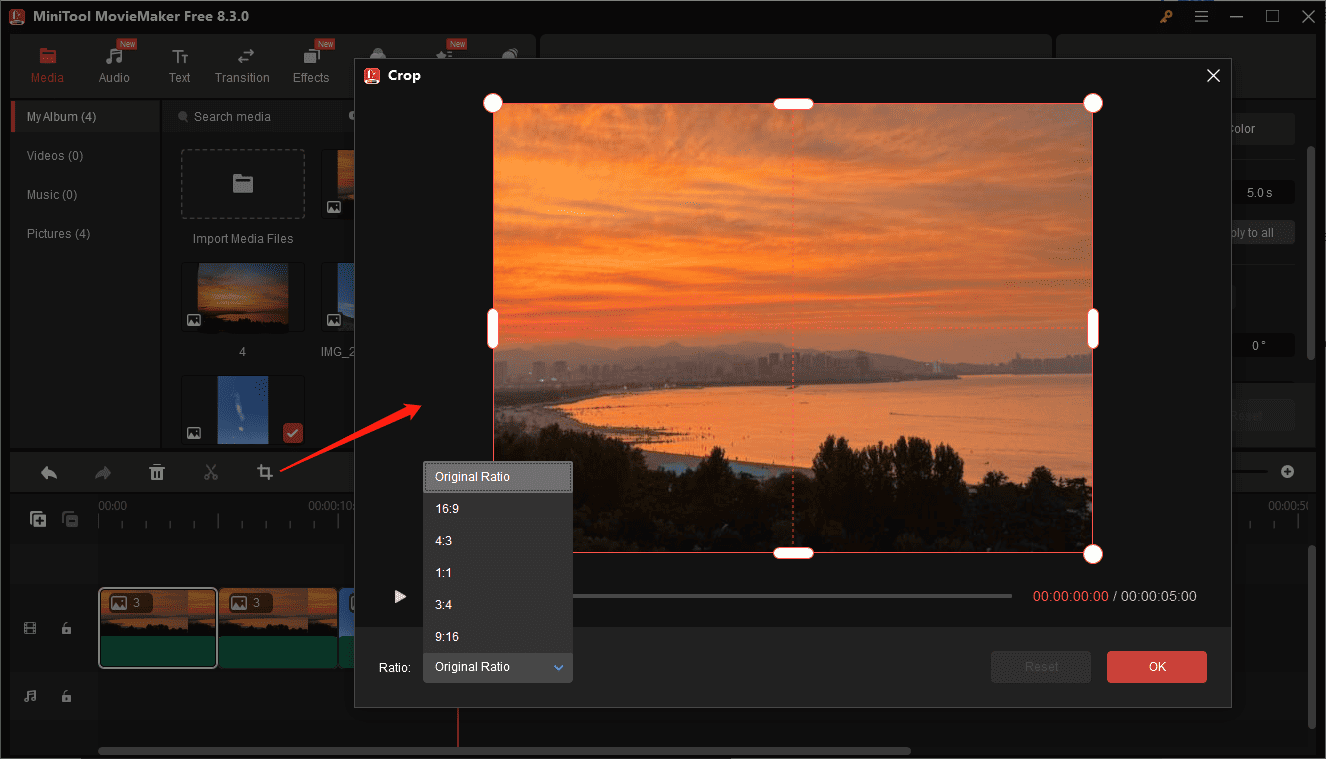 Select a ratio and crop the image in MiniTool MovieMaker
