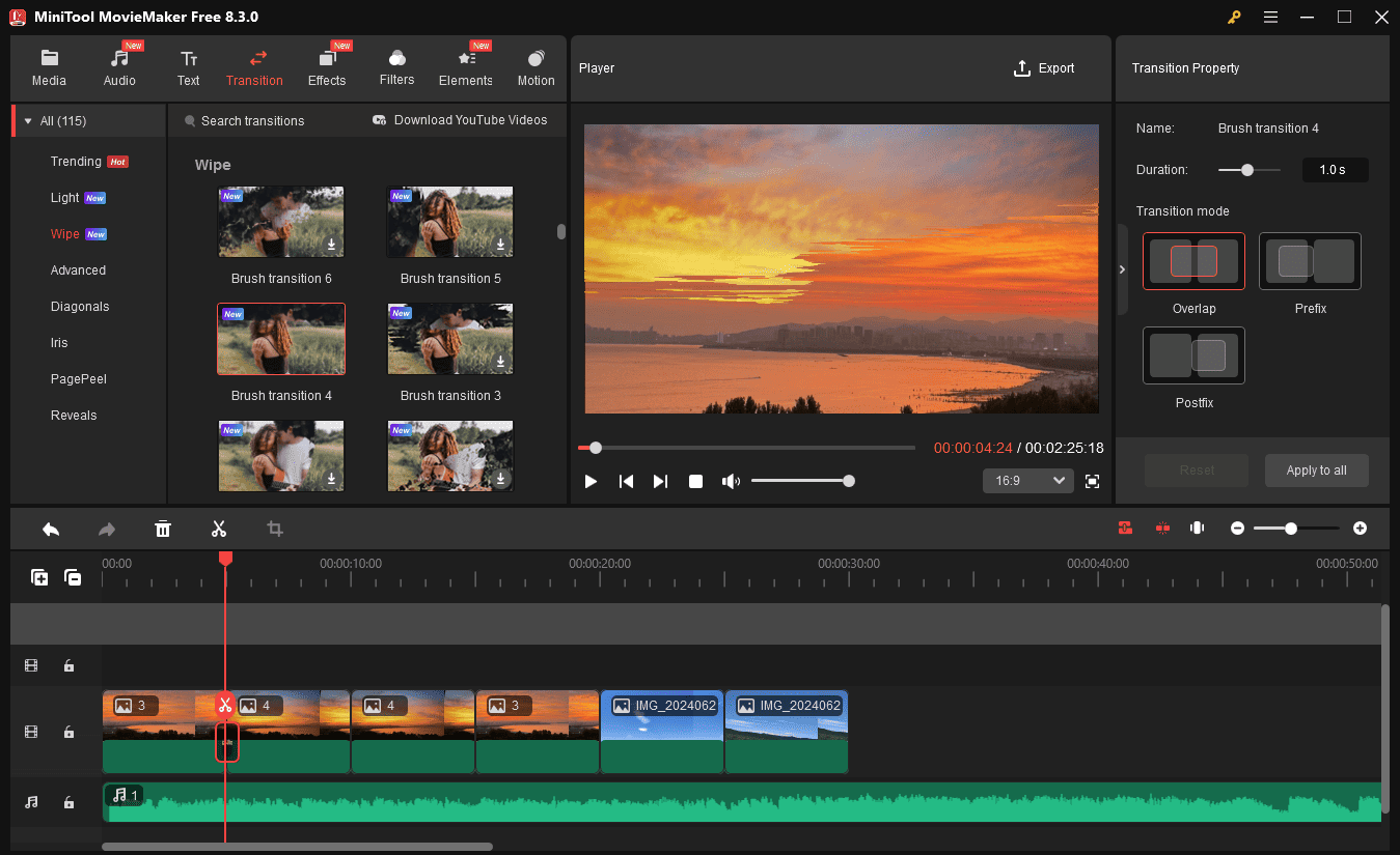 Add a transition between two images in MiniTool MovieMaker