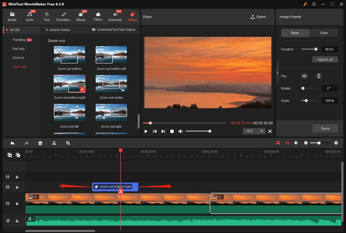 Add a motion effect and change the duration in MiniTool MovieMaker
