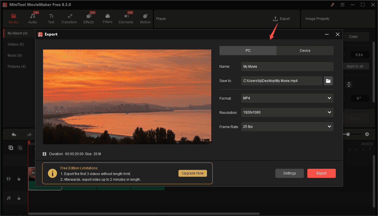 Set the output format to AVI in MiniTool MovieMaker