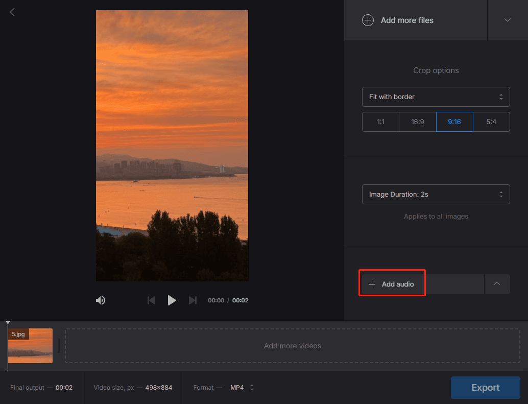 Click the Add audio button to upload your MP3 file to Clideo