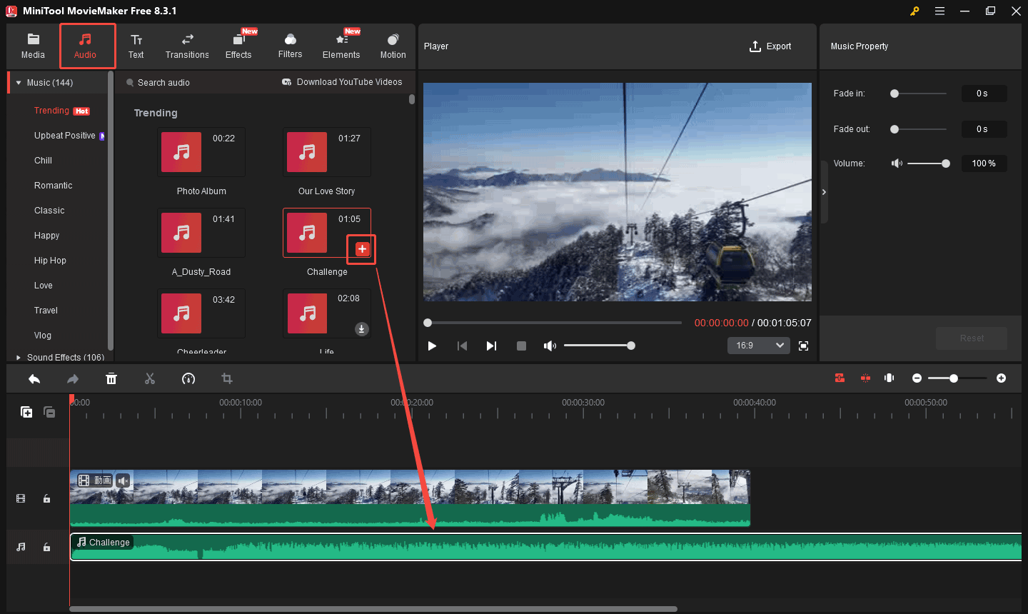 MiniTool MovieMakerで内蔵した音楽を追加する