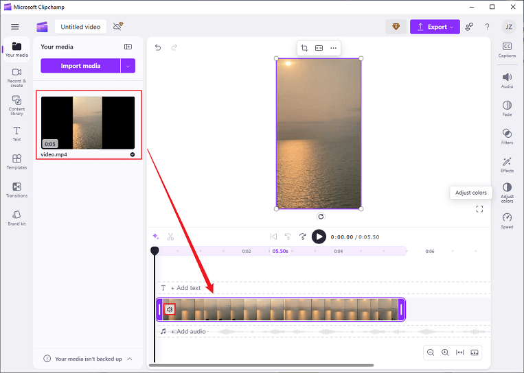 Drag the added video to the timeline and click the Speaker icon on the video to remove the audio in Clipchamp