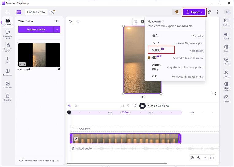 Click on the Export button at the top right and choose the desired resolution in Clipchamp