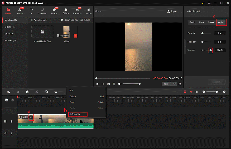 Delete audio from WMV in MiniTool MovieMaker