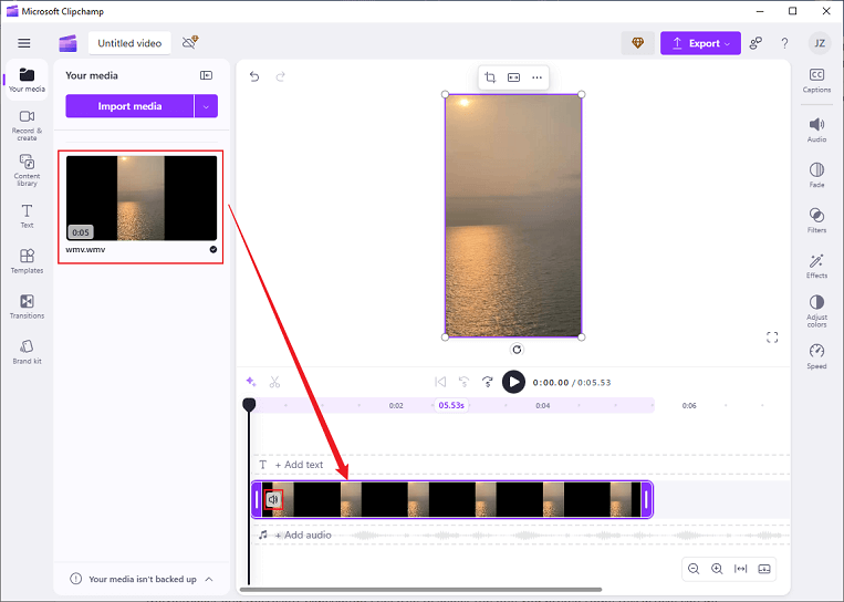 Drag the added video to the timeline and click the Speaker icon to mute the WMV video in Clipchamp