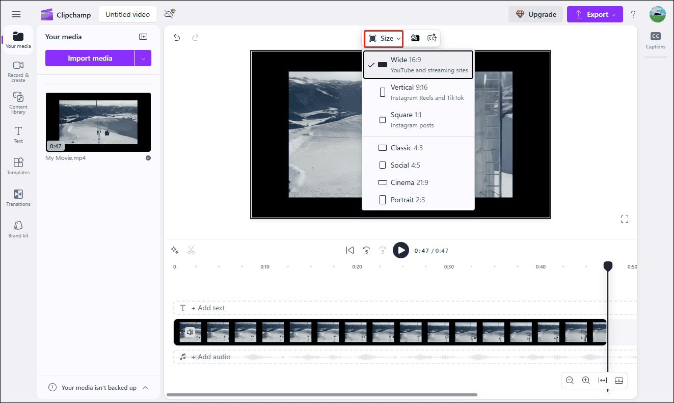 Set the video aspect ratio in Clipchamp
