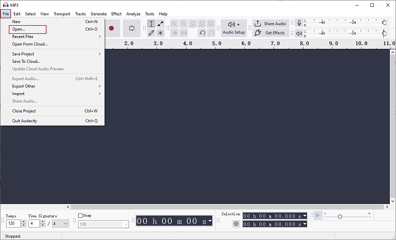 Click File and then click Open… to add the audio to Audacity