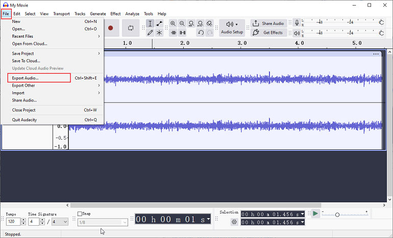 Click File at the top left and choose the Export Audio… option in Audacity