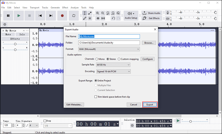 Configure the settings and click Export in Audacity