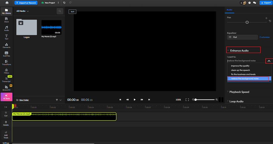 Choose the reduce the background noise option from the left Enhance Audio menu in Flixier
