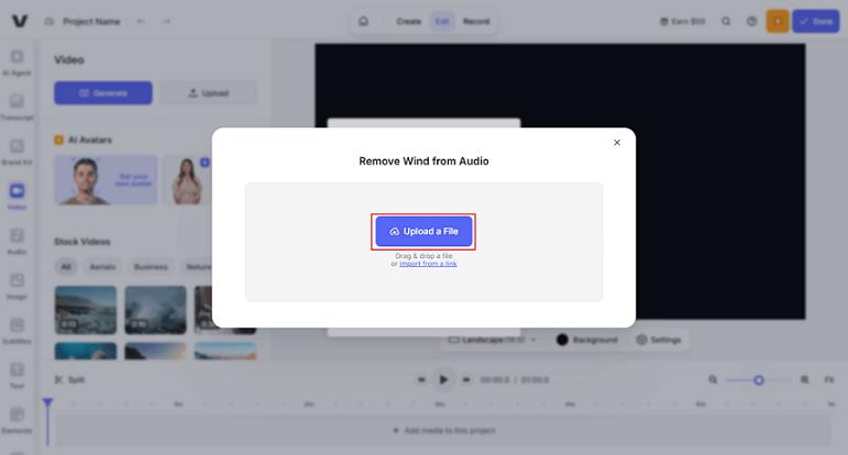 Click the Upload a File button to import the audio to VEED.IO