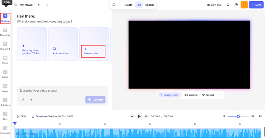Choose Clean audio in the AI Agent section to remove wind noise in VEED.IO