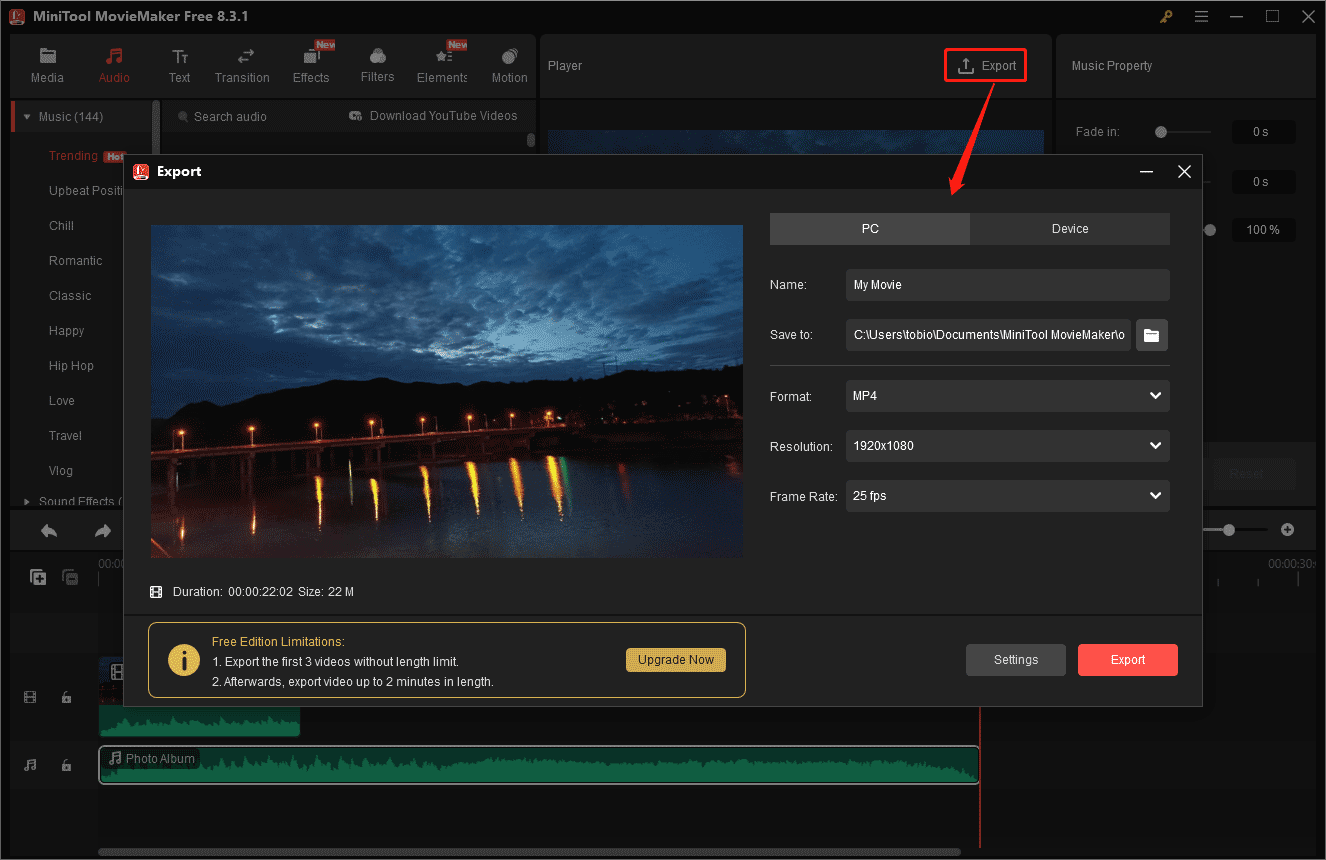 エクスポートウィンドウで出力形式などを設定して、「Export」ボタンをクリック
