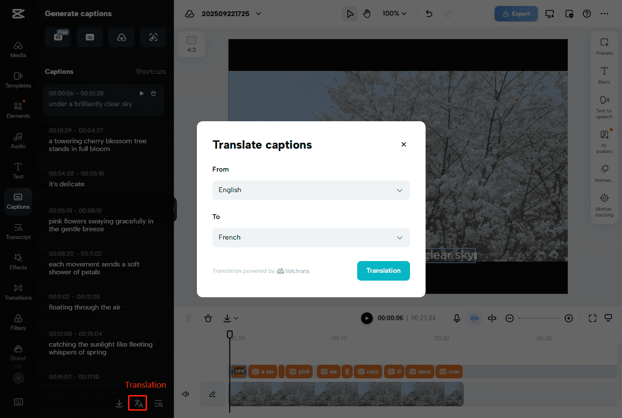 Translate subtitles using CapCut subtitle translator