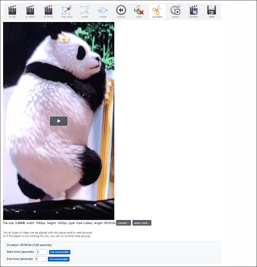 Trim a GIF usign Ezgif online
