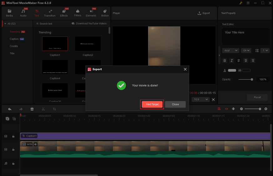 Klicken Sie in MiniTool MovieMaker auf die Schaltfläche Ziel suchen, um das WMV-Video mit Untertiteln zu finden.