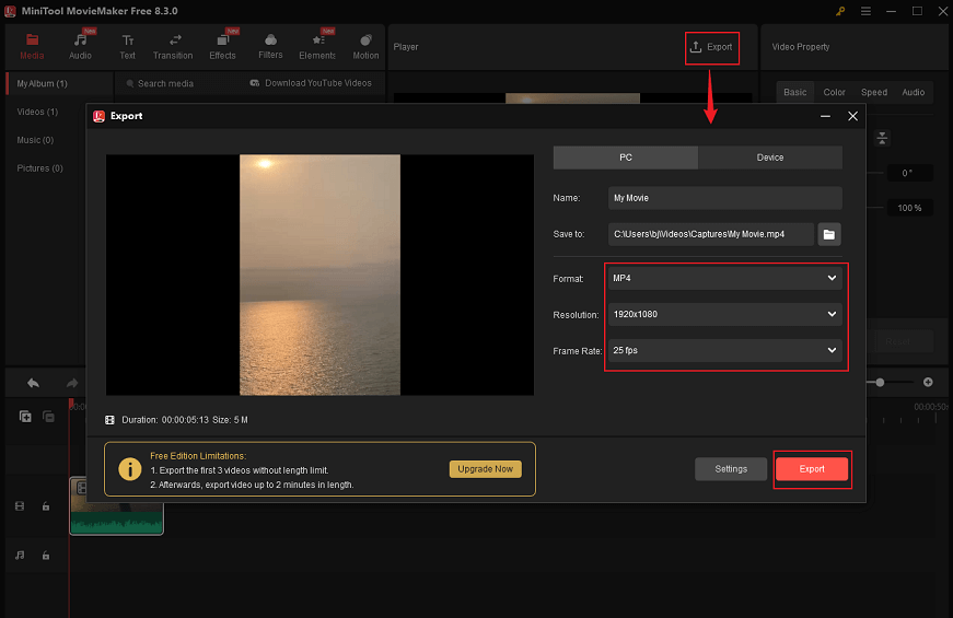 Anpassen der Exporteinstellungen in MiniTool MovieMaker