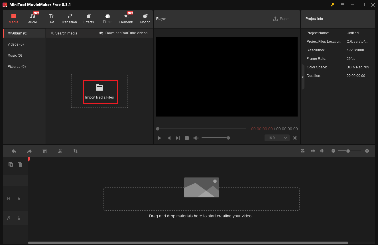 Click the Import Media Files option to add the target video to MiniTool MovieMaker