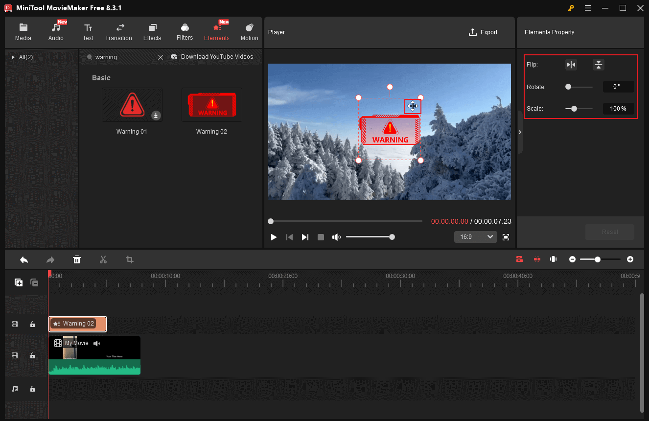 Adjust the warning sticker in MiniTool MovieMaker