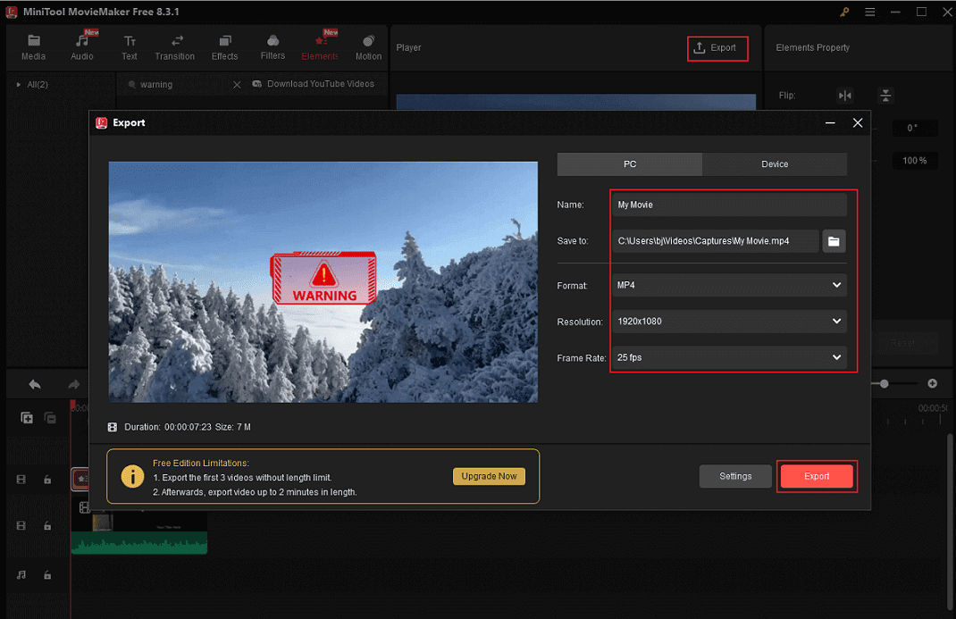 Configure settings for the video in MiniTool MovieMaker and export it