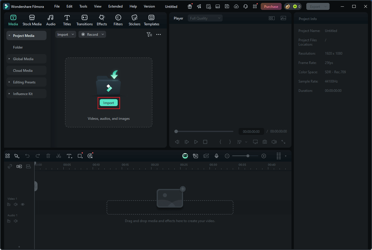 Click the Import option to add the video to Wondershare Filmora