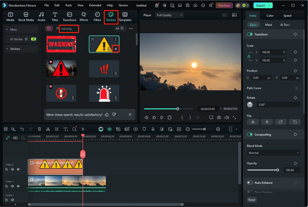 Add the desired warning sticker to the video in Wondershare Filmora