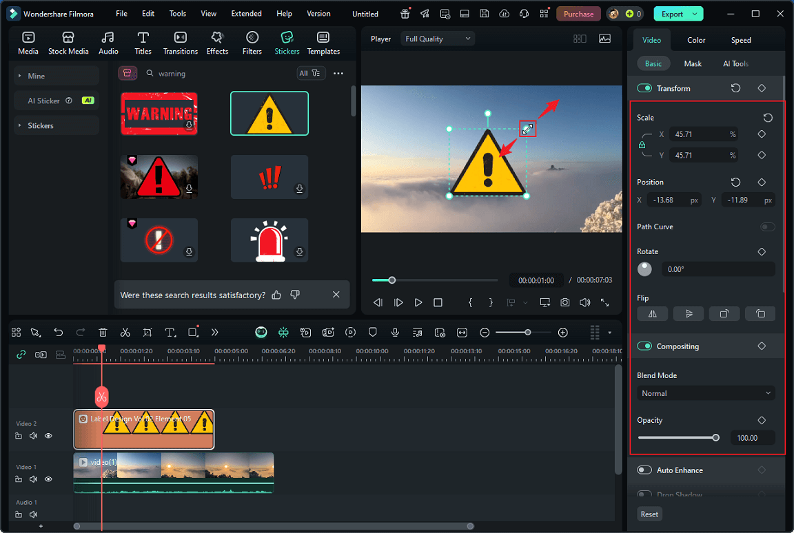 Adjust the size of the warning sticker in Wondershare Filmora