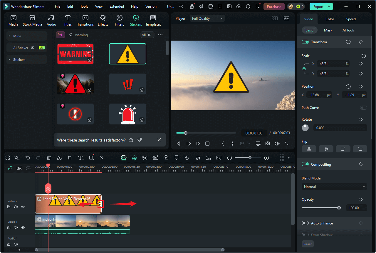 Adjust the duration of the warning sticker in Wondershare Filmora