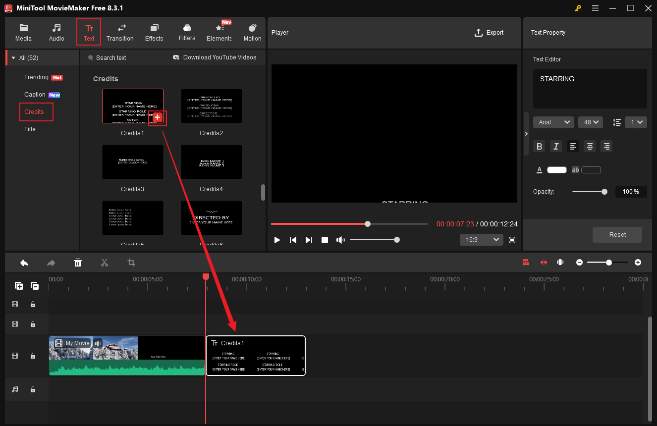 Add scrolling text to the video in MiniTool MovieMaker