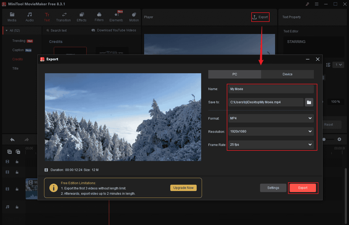 Adjust video settings in MiniTool MovieMaker and export the video